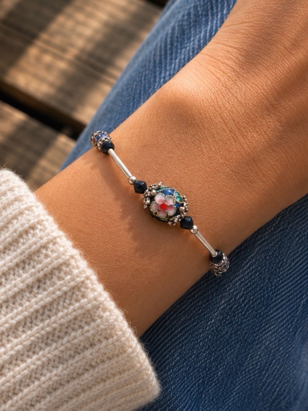 Vintage Cloisonné Floral Bead Bracelet w/ Extender Chain 1990s